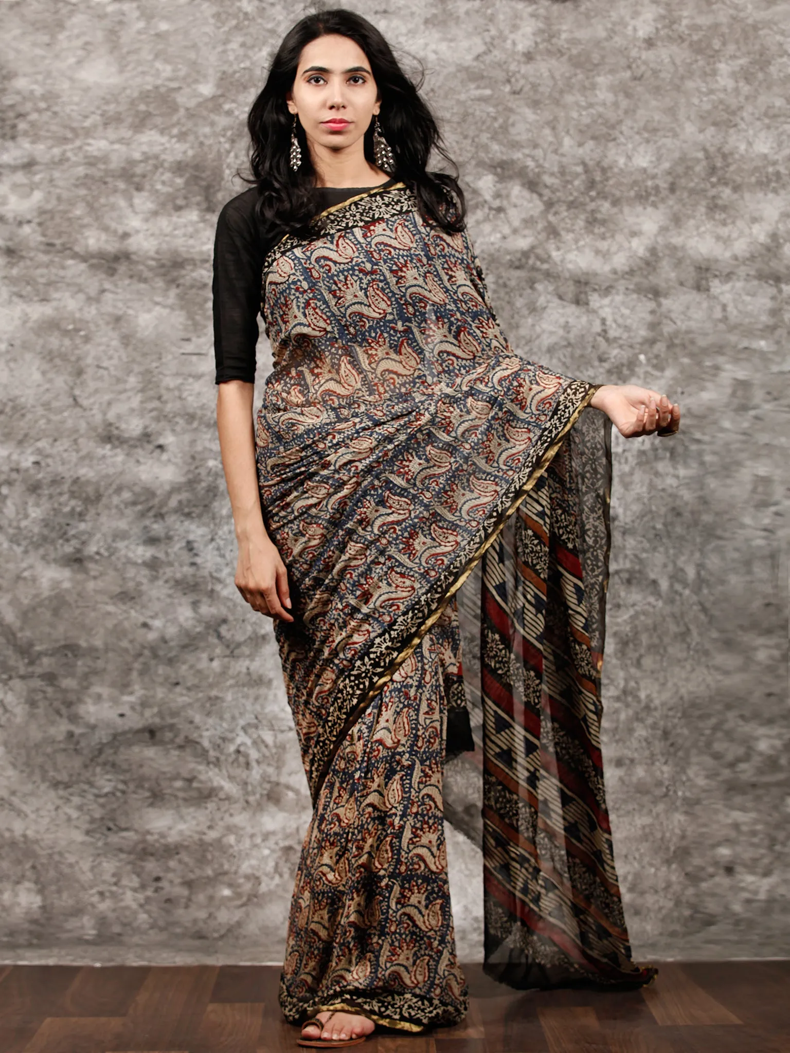 Beige Indigo Rust Black Hand Block Printed Chiffon Saree with Zari Border - S031703497