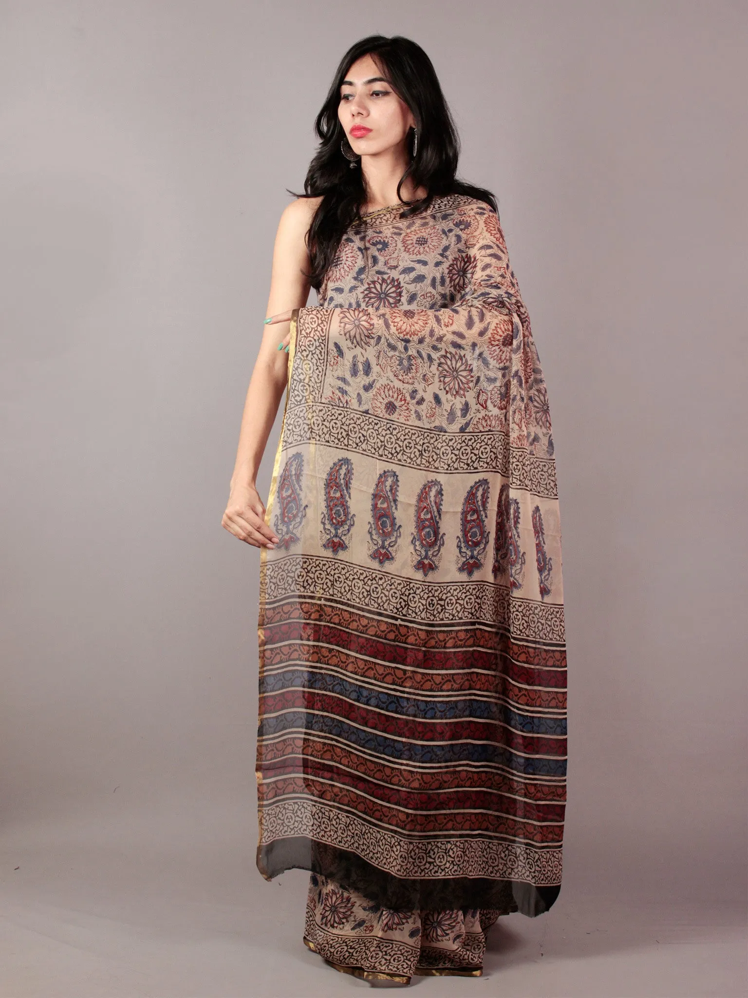 Beige Maroon Black Grey Hand Block Printed Chiffon Saree - S031701841