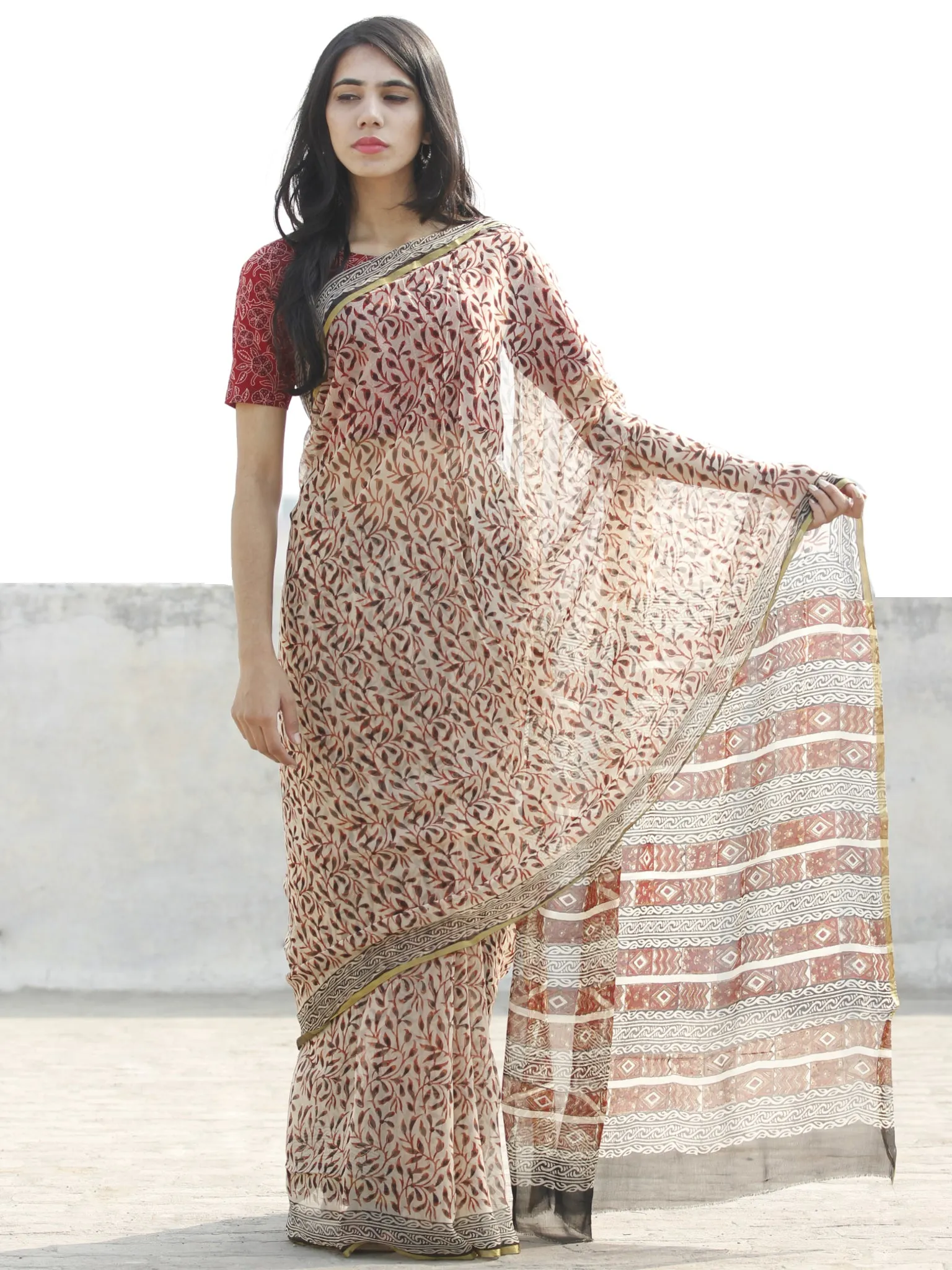 Beige Red & Black Hand Block Printed Chiffon Saree with Zari border- S031702674