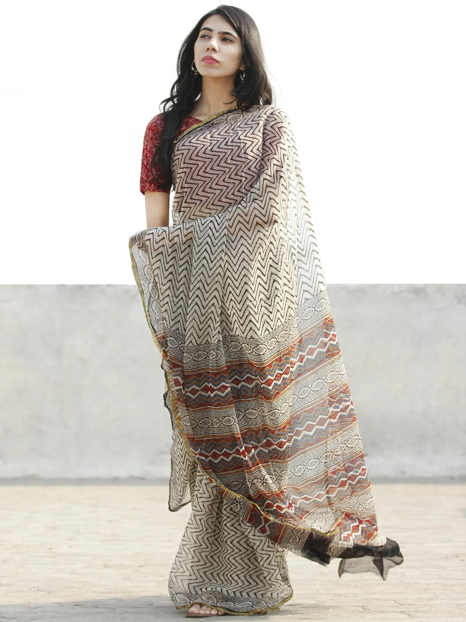 Black & White Hand Block Printed Chiffon Saree with Zari border- S031702683