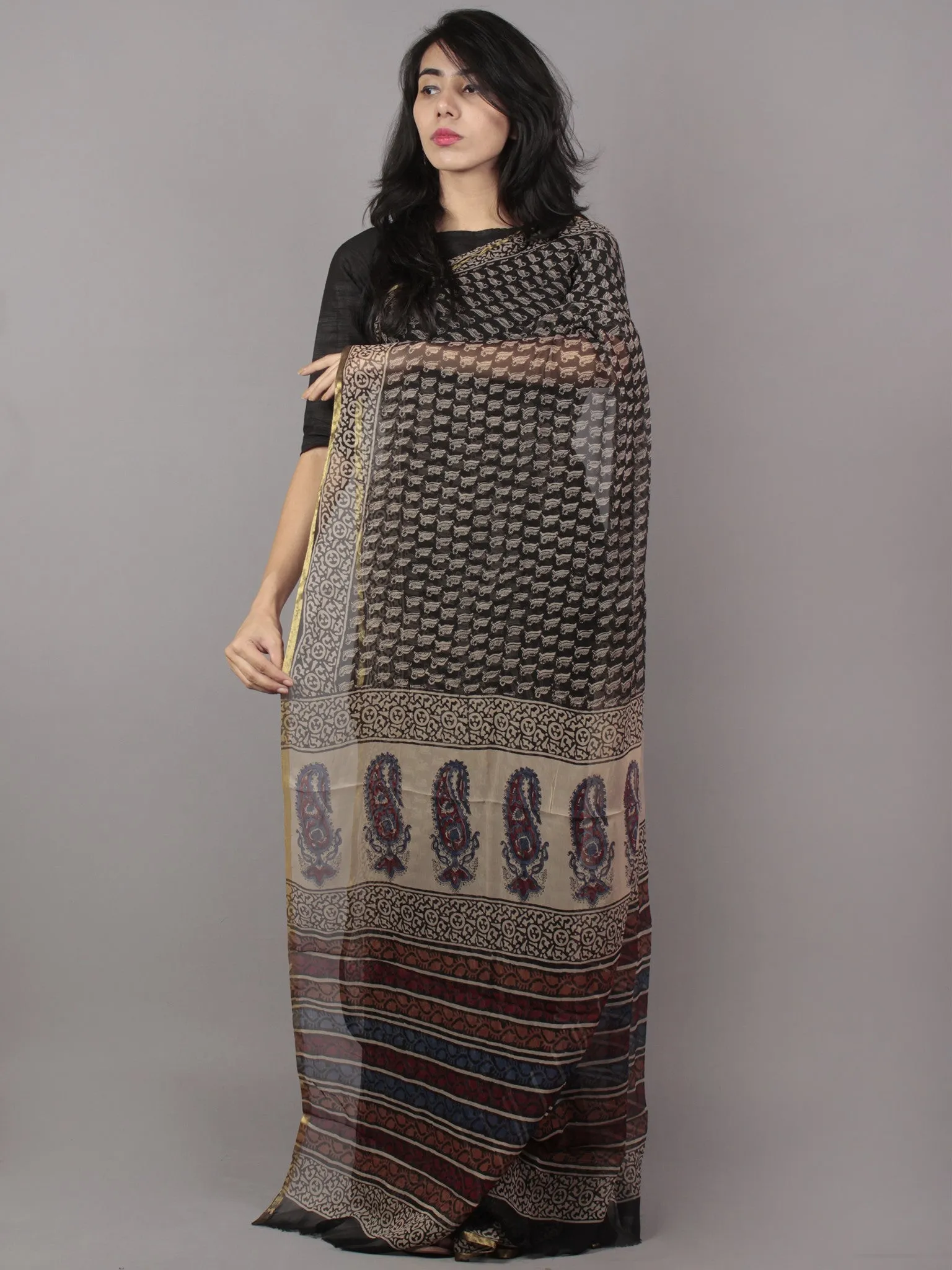 Black Beige Maroon Blue Hand Block Printed Chiffon Saree - S031701675