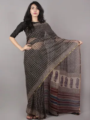 Black Beige Maroon Blue Hand Block Printed Chiffon Saree - S031701675