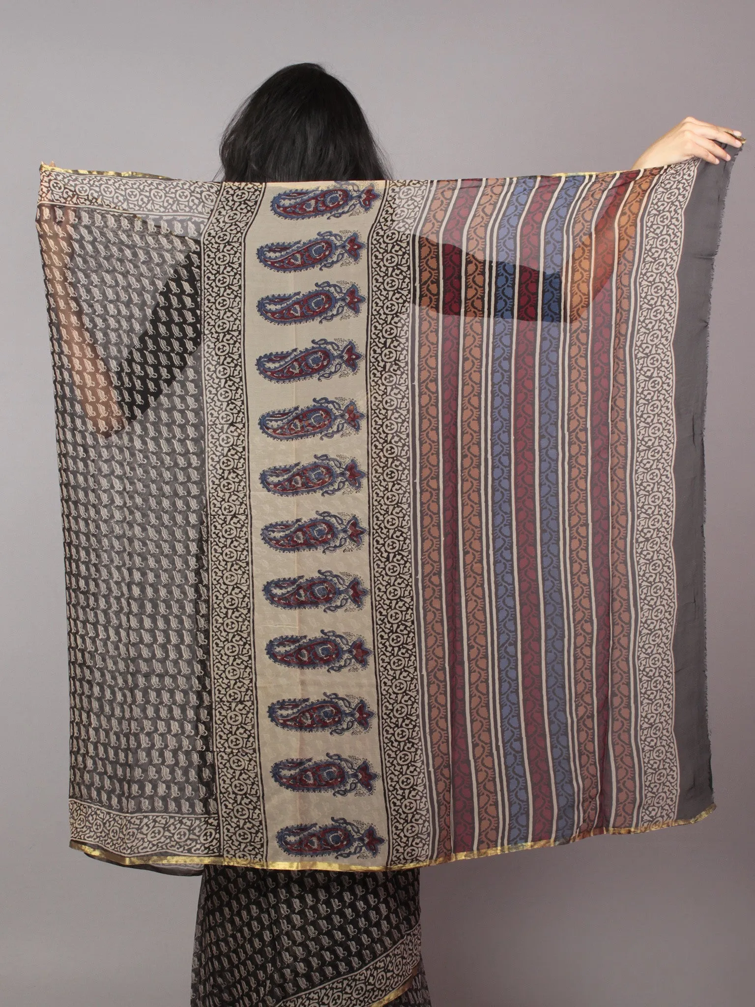 Black Beige Maroon Blue Hand Block Printed Chiffon Saree - S031701675