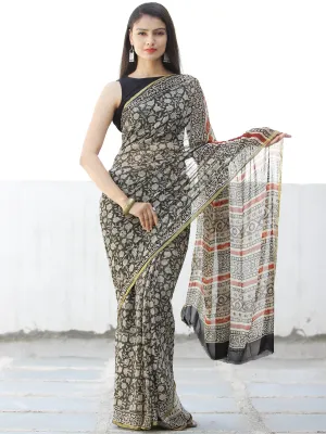 Black Beige Red Hand Block Printed Chiffon Saree with Zari Border - S031703964