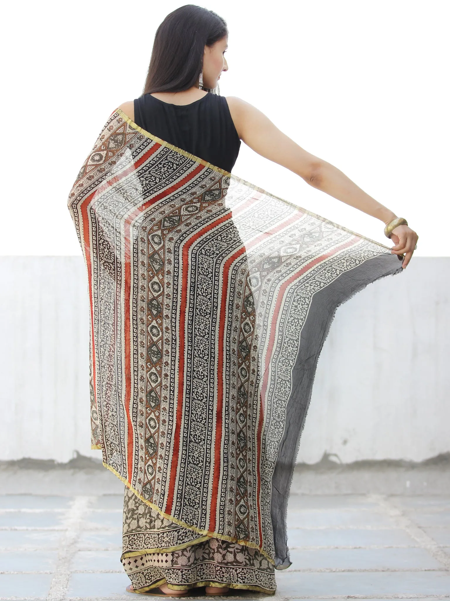 Black Beige Red Hand Block Printed Chiffon Saree with Zari Border - S031703964