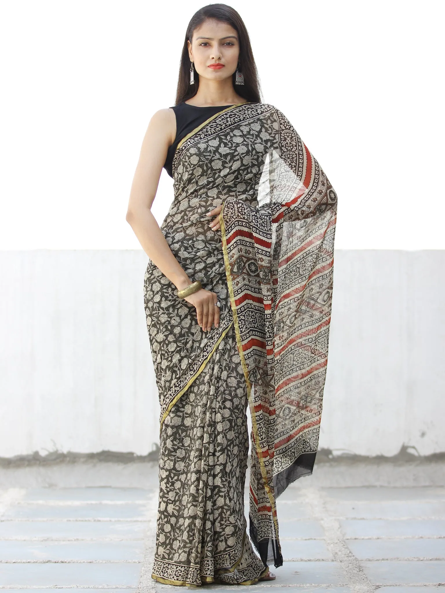 Black Beige Red Hand Block Printed Chiffon Saree with Zari Border - S031703964