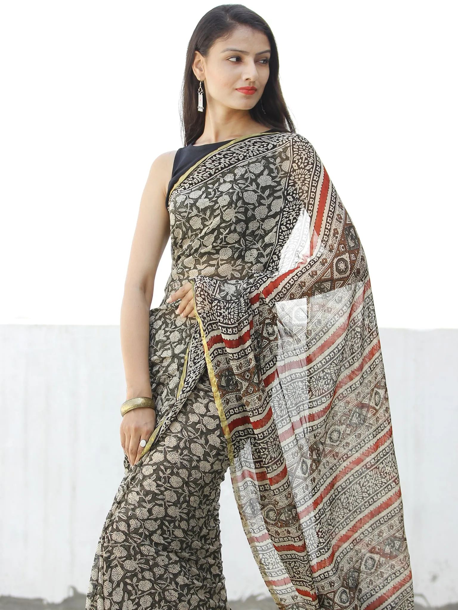 Black Beige Red Hand Block Printed Chiffon Saree with Zari Border - S031703964