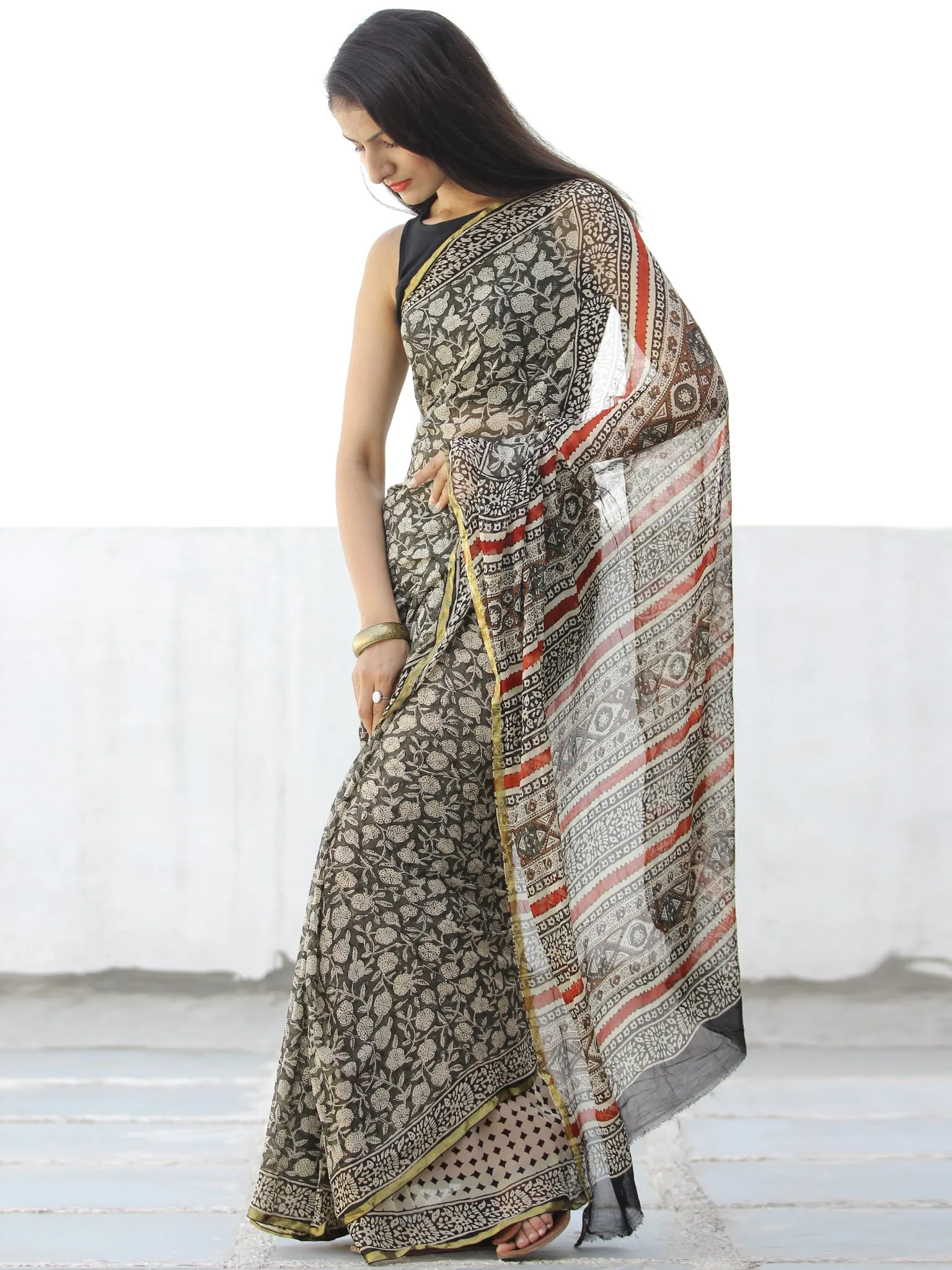 Black Beige Red Hand Block Printed Chiffon Saree with Zari Border - S031703964