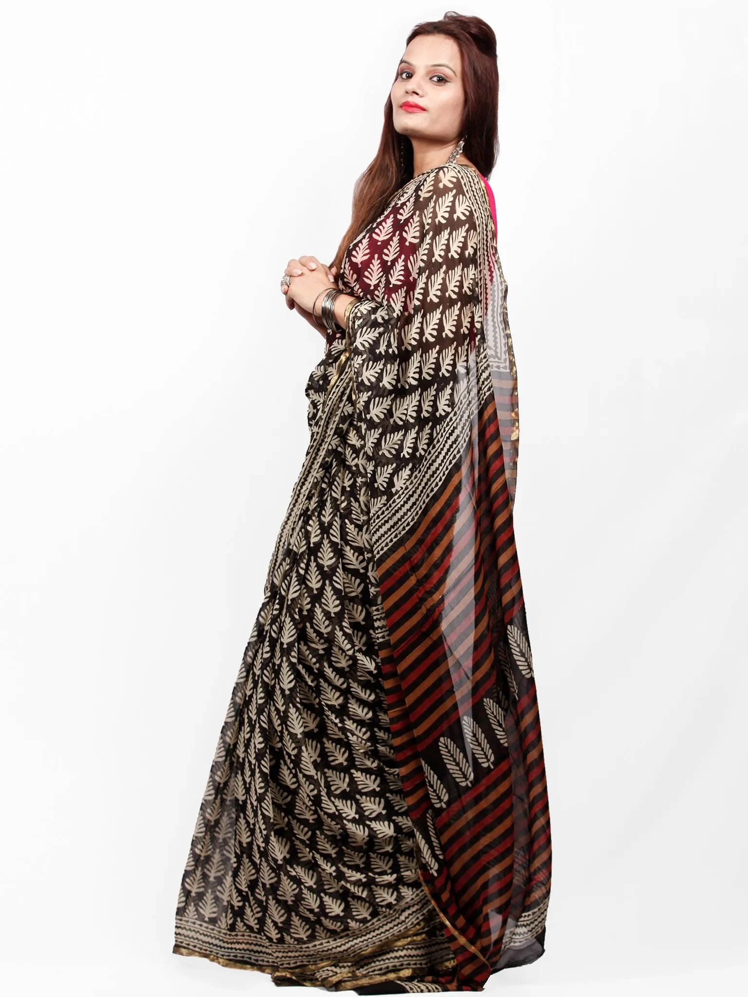 Black Beige Red Mustard Hand Block Printed Chiffon Saree with Zari Border - S031703411