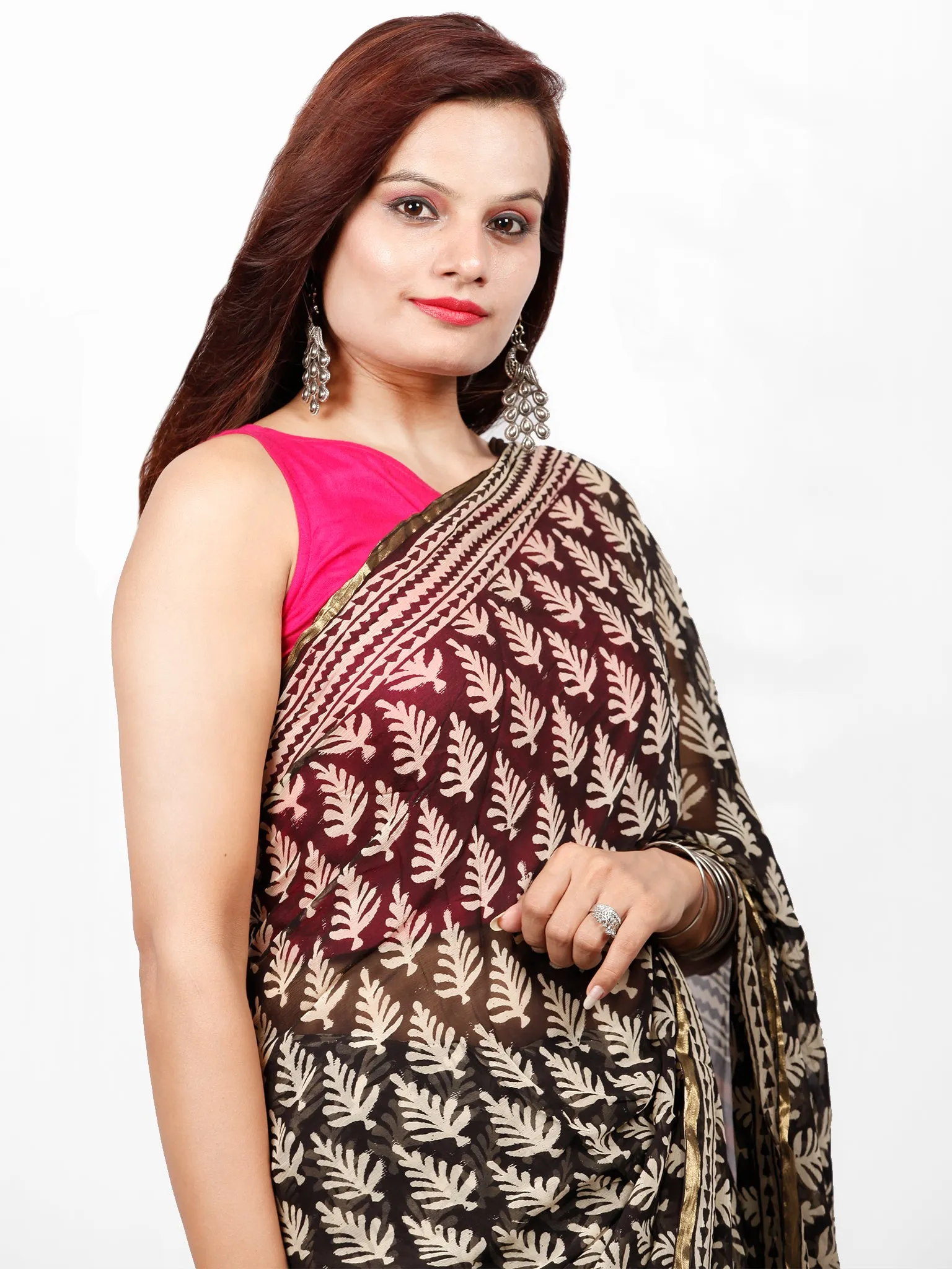 Black Beige Red Mustard Hand Block Printed Chiffon Saree with Zari Border - S031703411