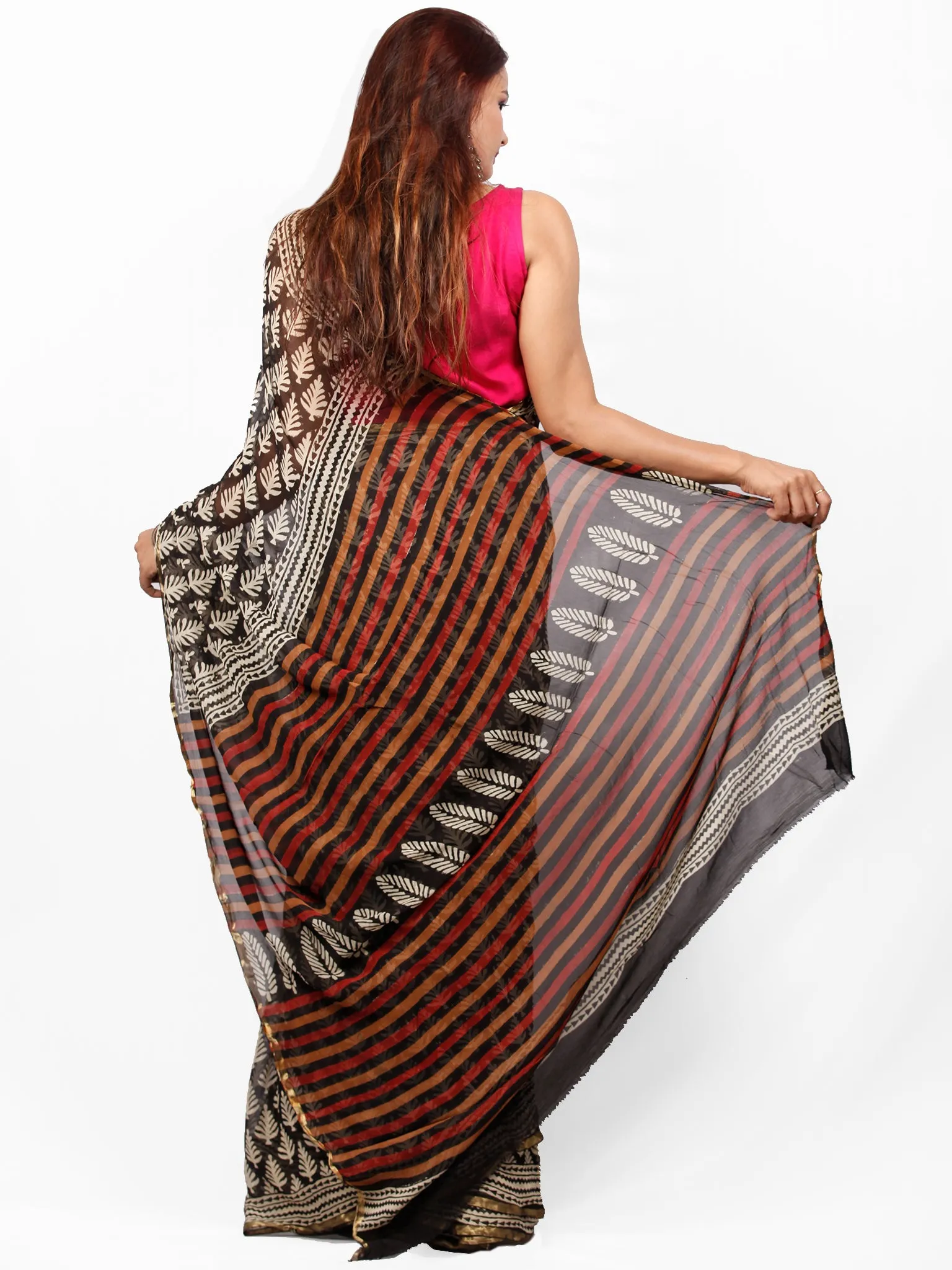 Black Beige Red Mustard Hand Block Printed Chiffon Saree with Zari Border - S031703411