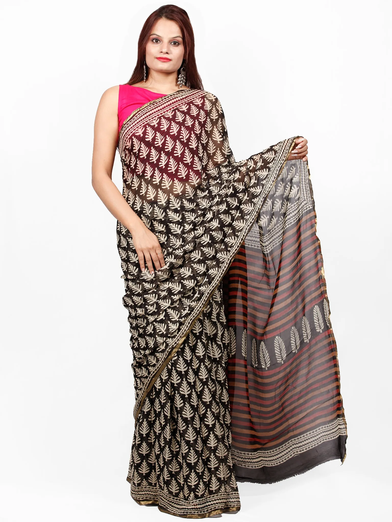 Black Beige Red Mustard Hand Block Printed Chiffon Saree with Zari Border - S031703411