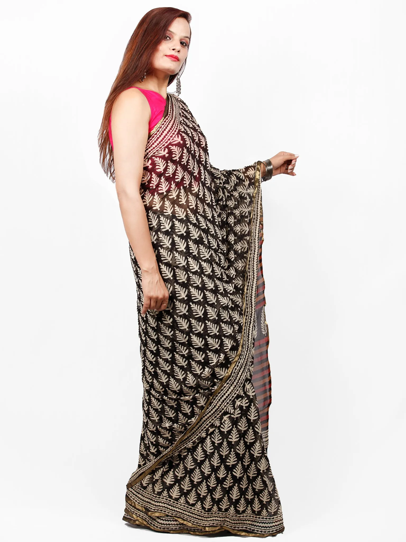 Black Beige Red Mustard Hand Block Printed Chiffon Saree with Zari Border - S031703411