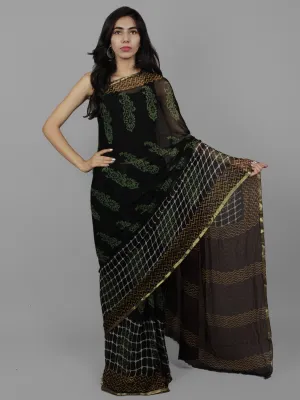 Black Green Ivory Hand Block Printed Chiffon Saree - S031702099