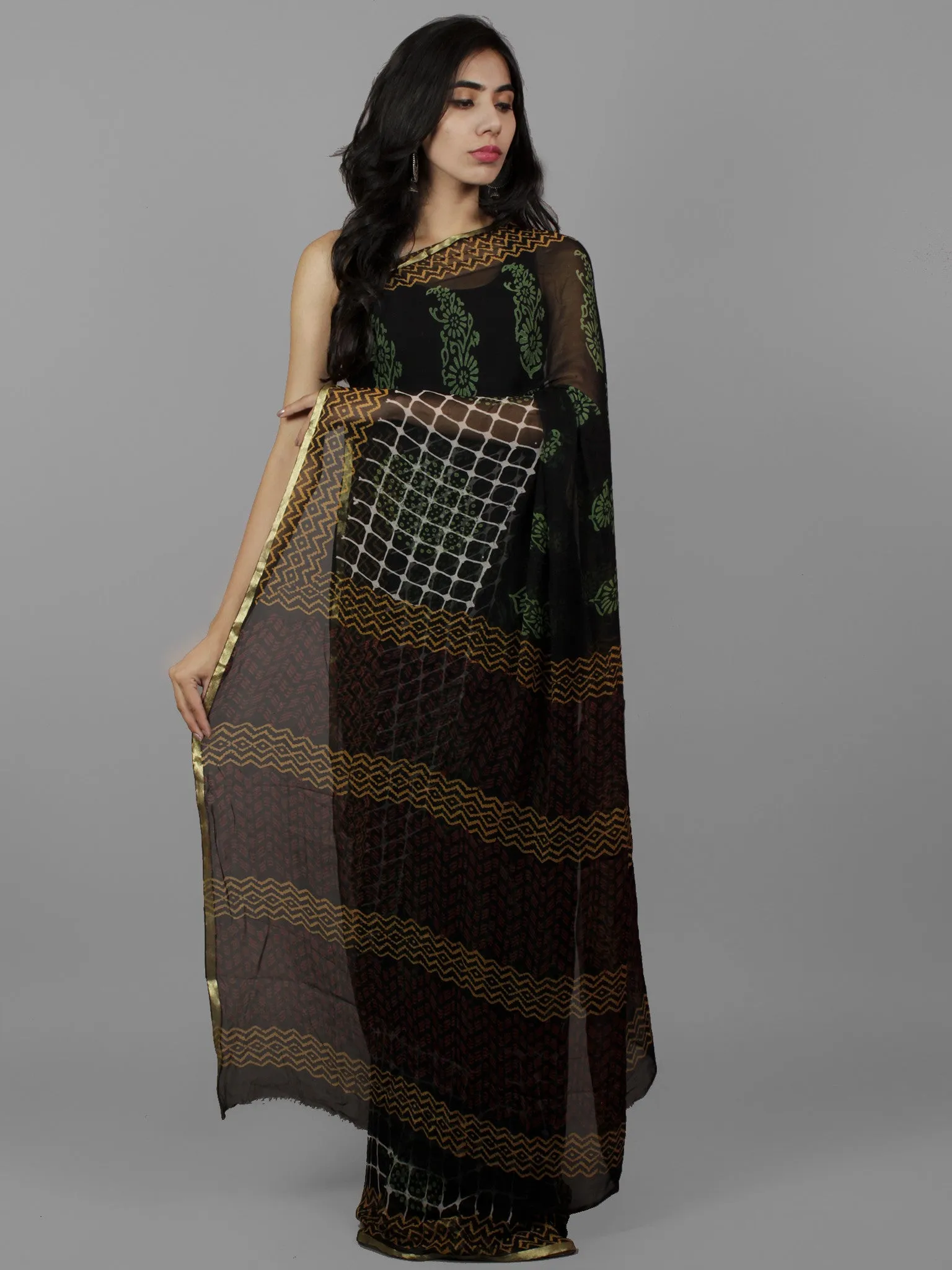 Black Green Ivory Hand Block Printed Chiffon Saree - S031702099