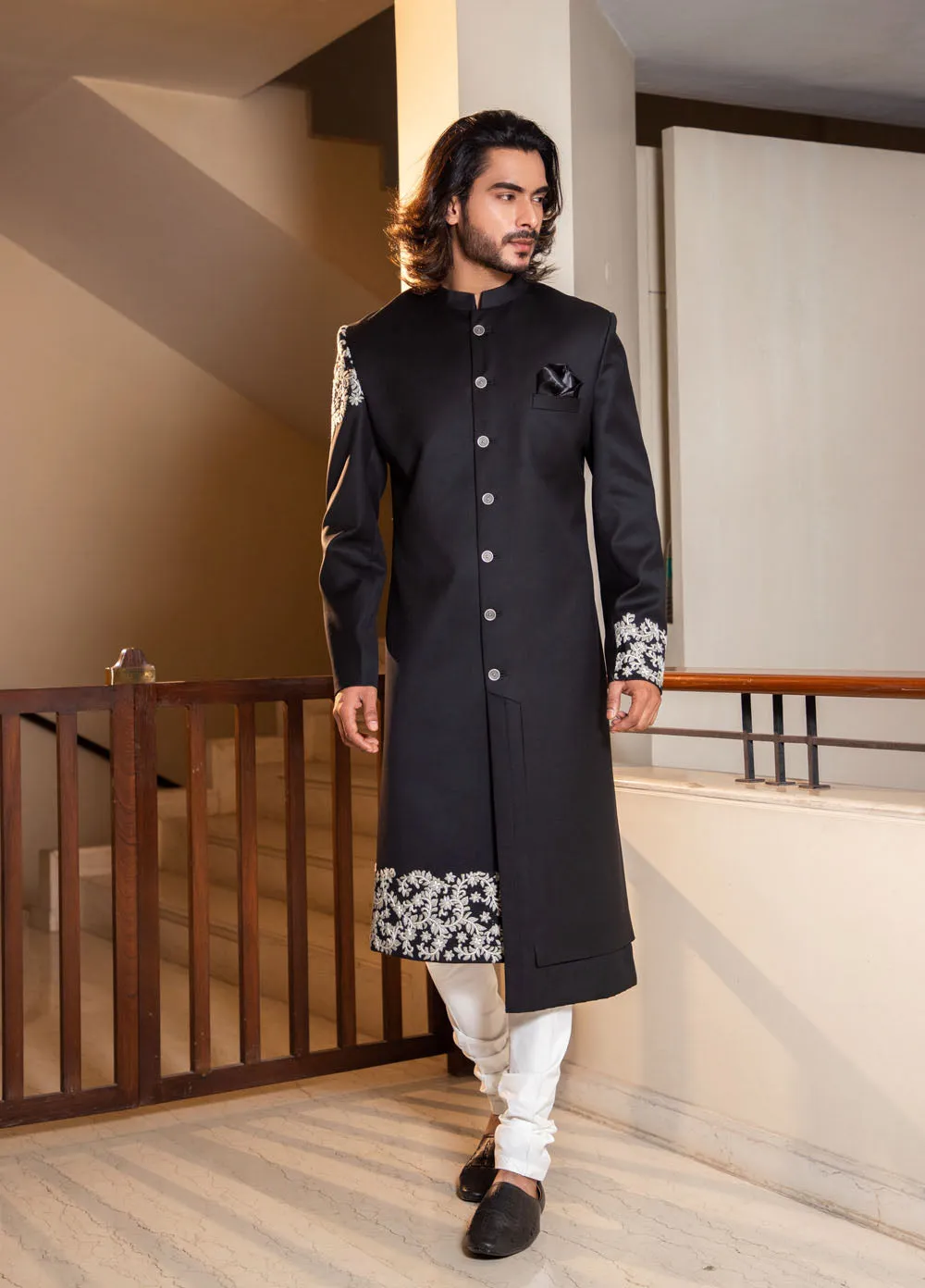 Black Hand Embroidered Bandhgala Set