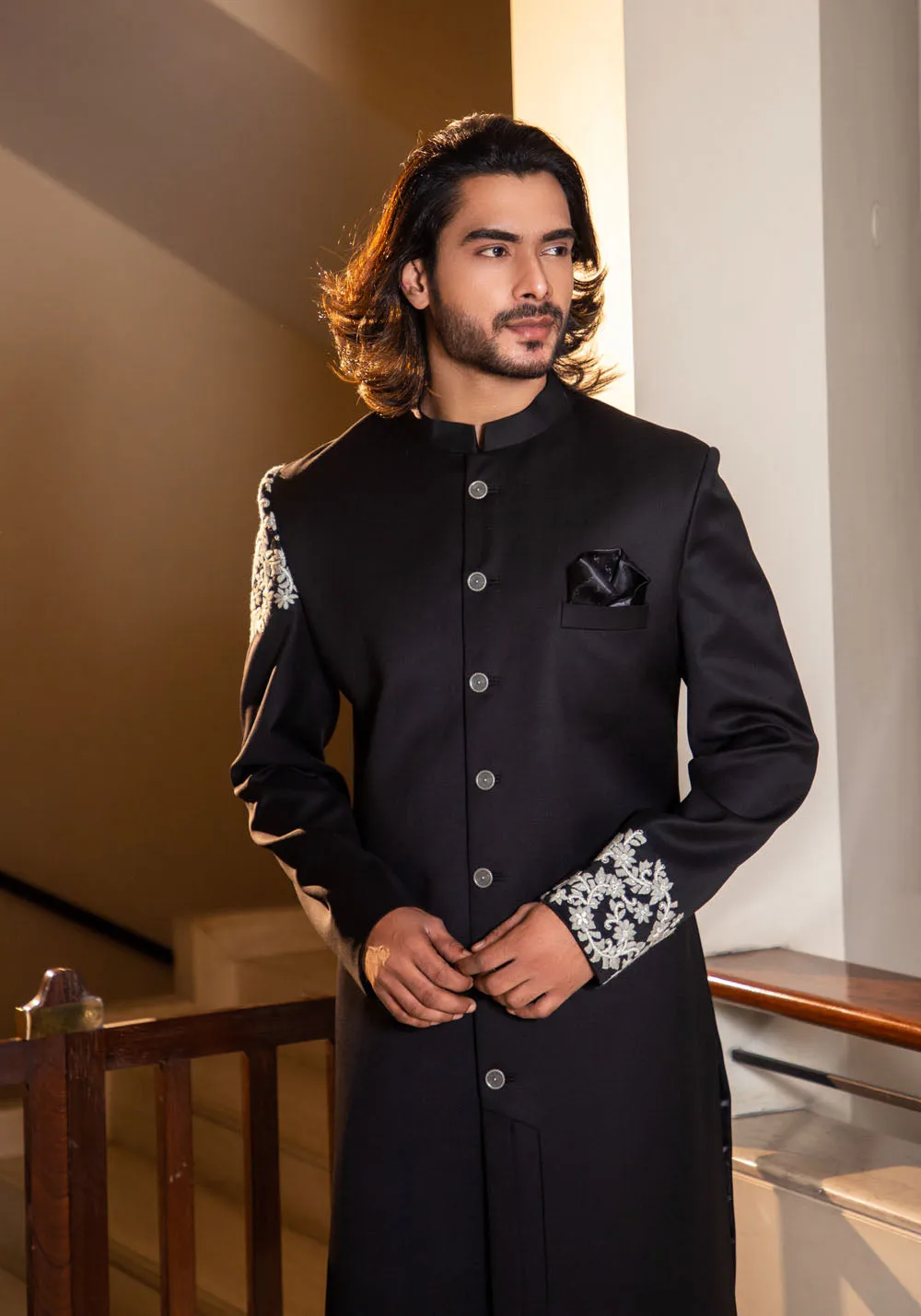 Black Hand Embroidered Bandhgala Set