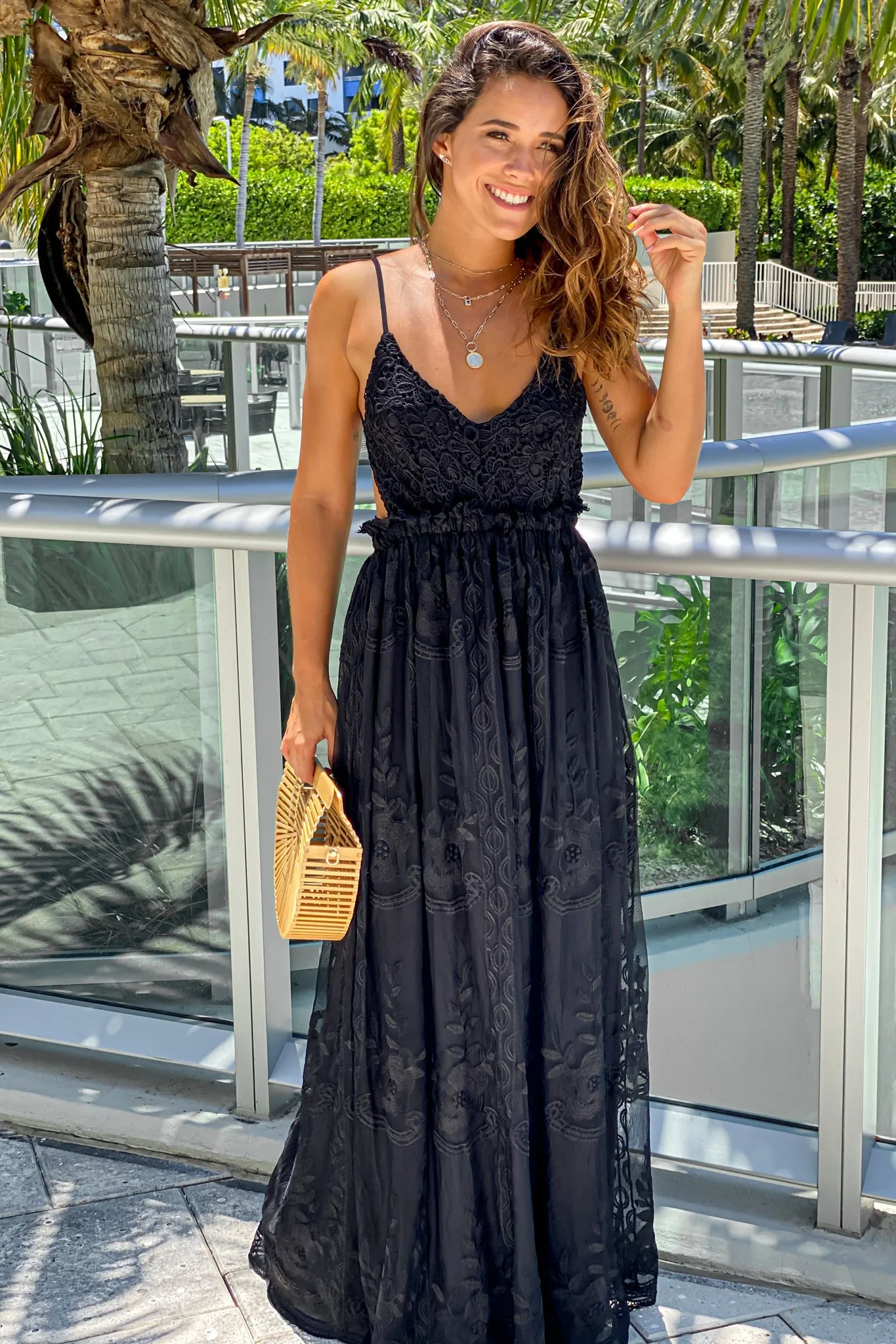 Black Lace Maxi Dress With Crochet Top