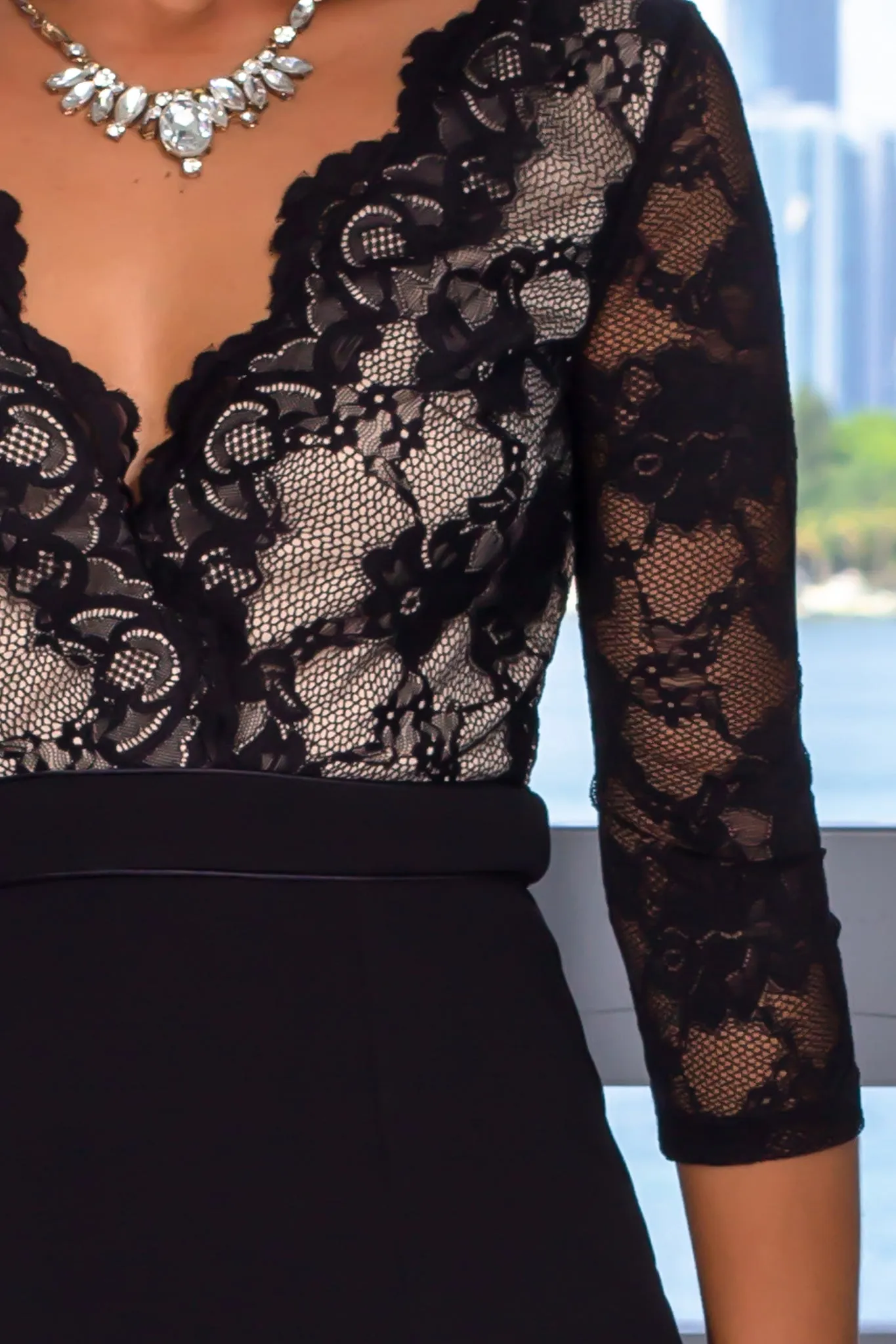 Black Lace Top Maxi Dress with 3/4 Sleeves