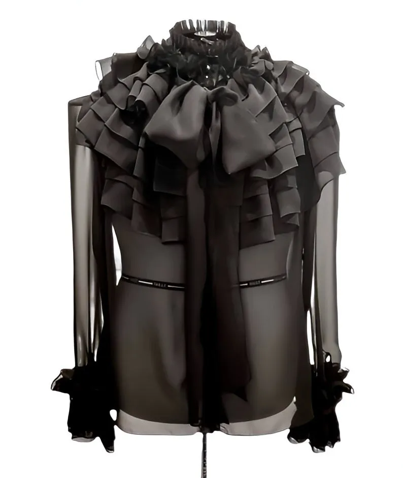 Black ruffled chiffon blouse in women's sizes XS S M L XL 2XL 3XL 4XL