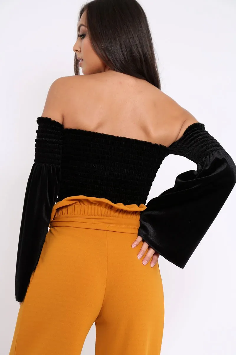 Black Velvet Bardot Shirred Crop Top with Flared Sleeves - Shera