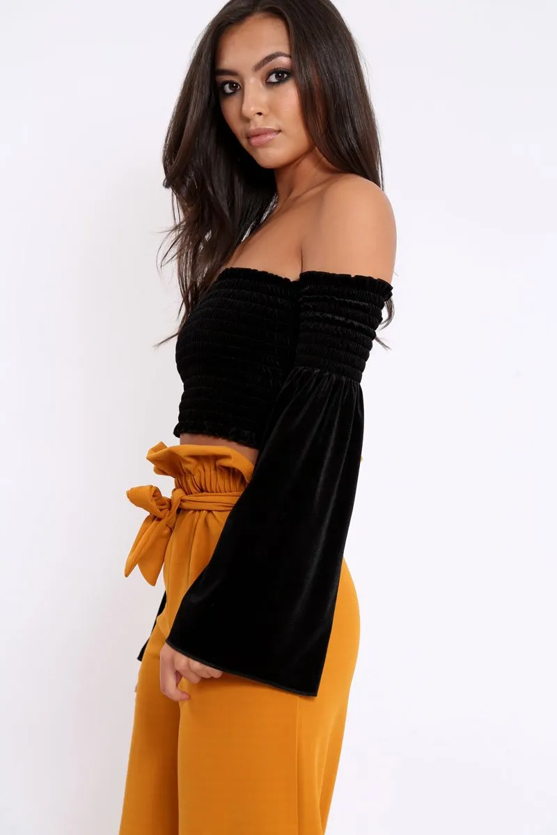 Black Velvet Bardot Shirred Crop Top with Flared Sleeves - Shera