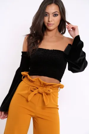 Black Velvet Bardot Shirred Crop Top with Flared Sleeves - Shera