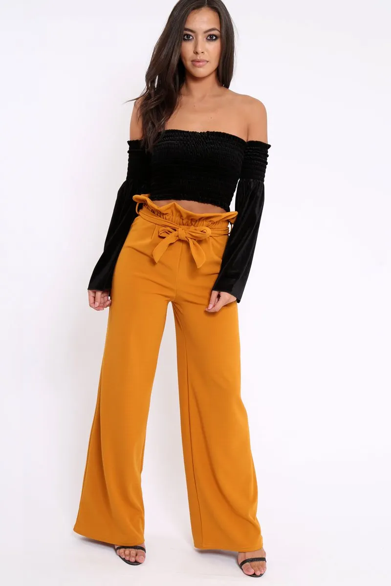 Black Velvet Bardot Shirred Crop Top with Flared Sleeves - Shera