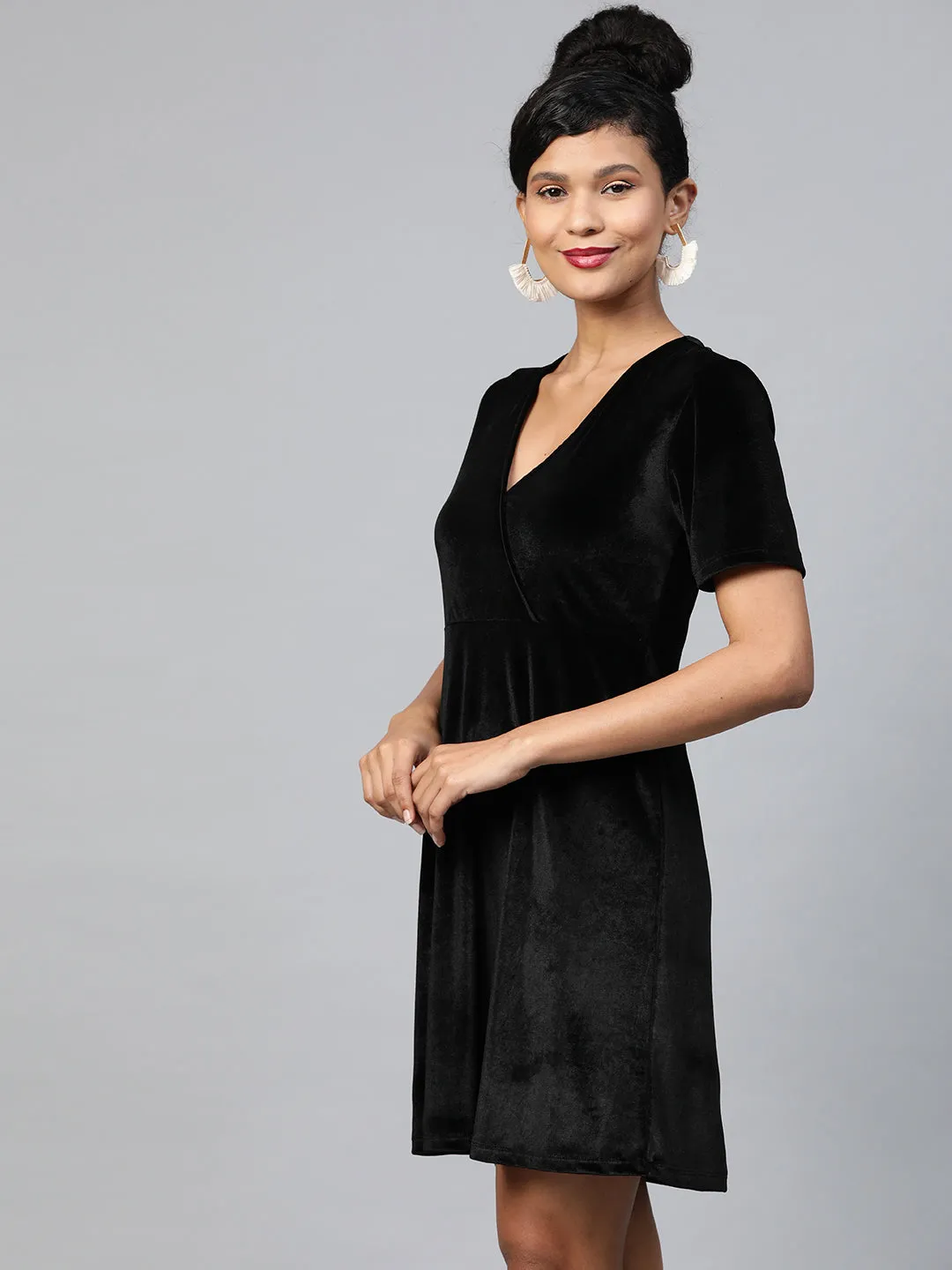 Black Velvet Wrap Skater Dress