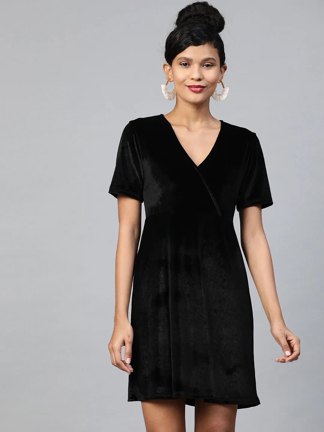 Black Velvet Wrap Skater Dress