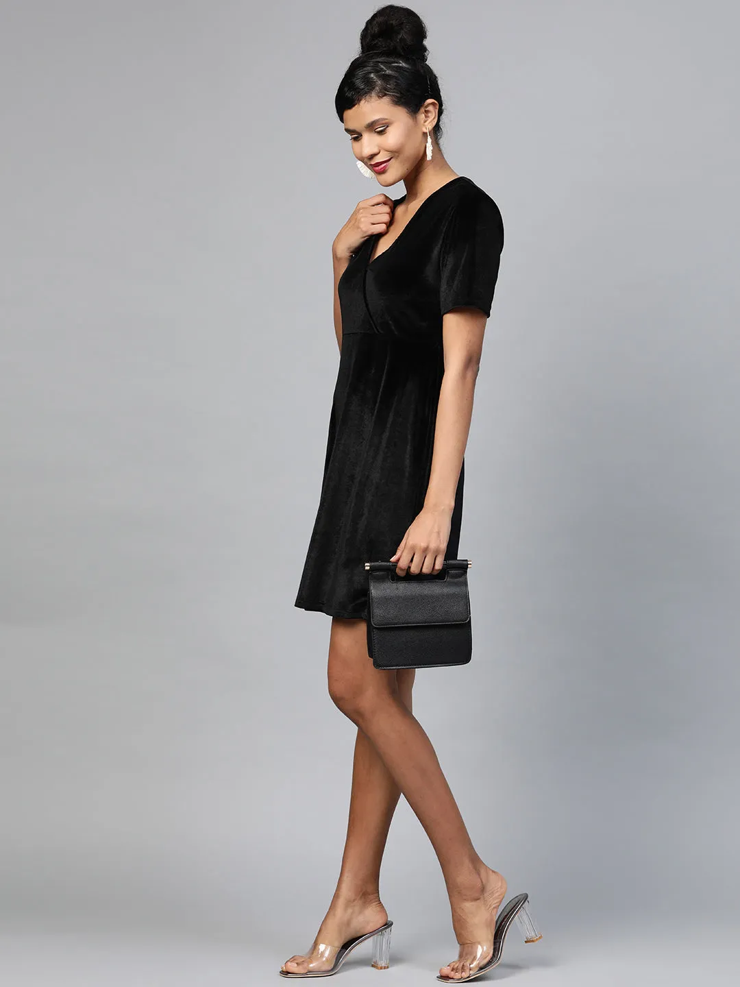 Black Velvet Wrap Skater Dress