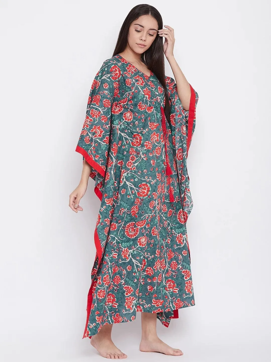 BLUE BLOCK PRINTED LOUNGEWEAR KAFTAN