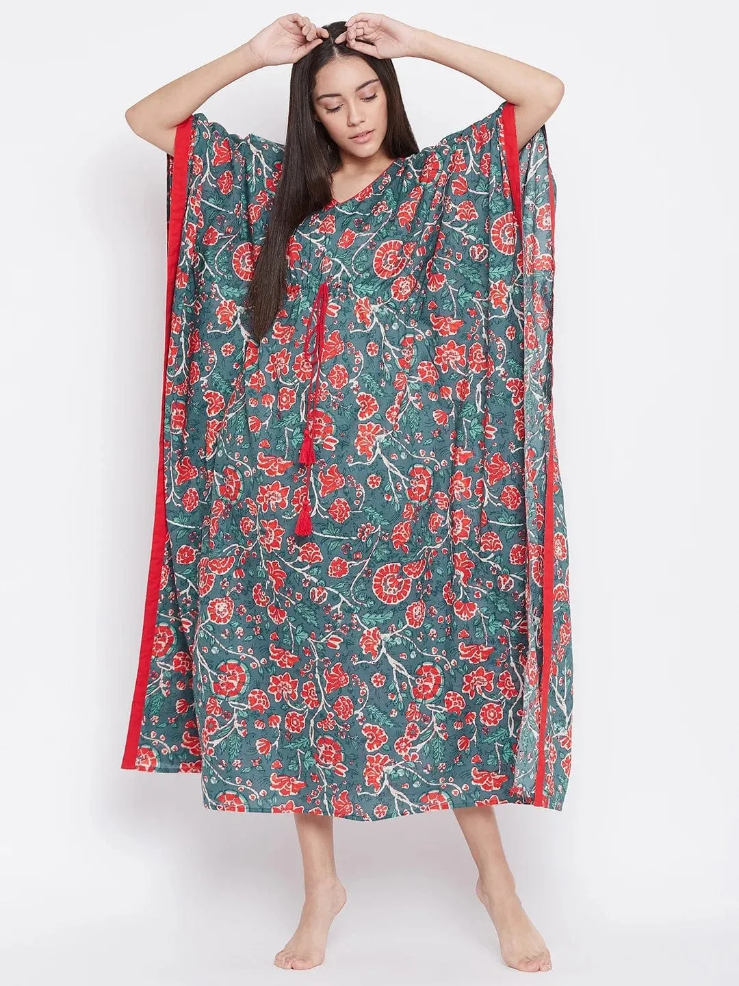 BLUE BLOCK PRINTED LOUNGEWEAR KAFTAN