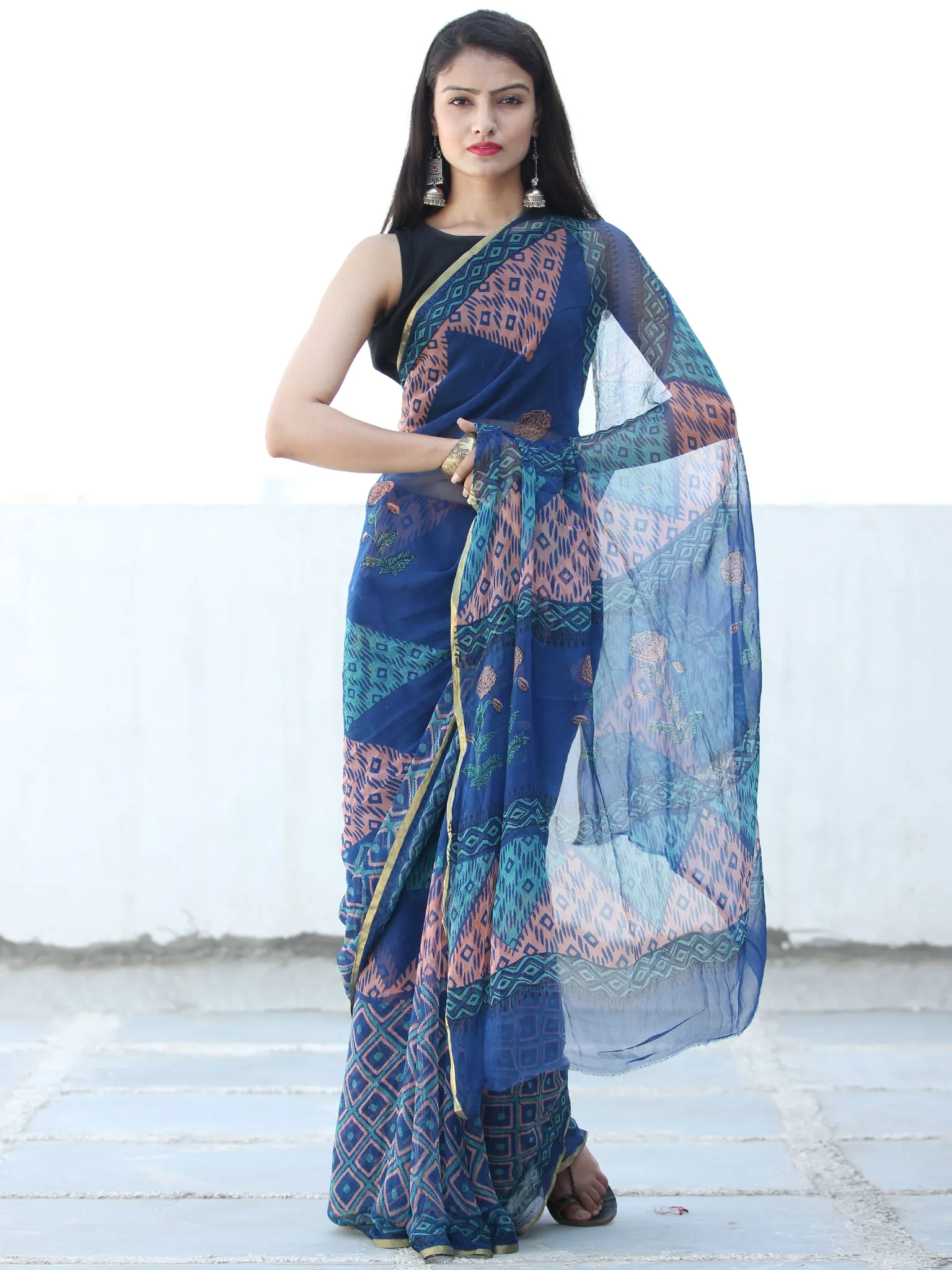 Blue Coral Coral Hand Block Printed Chiffon Saree with Zari Border - S031703936