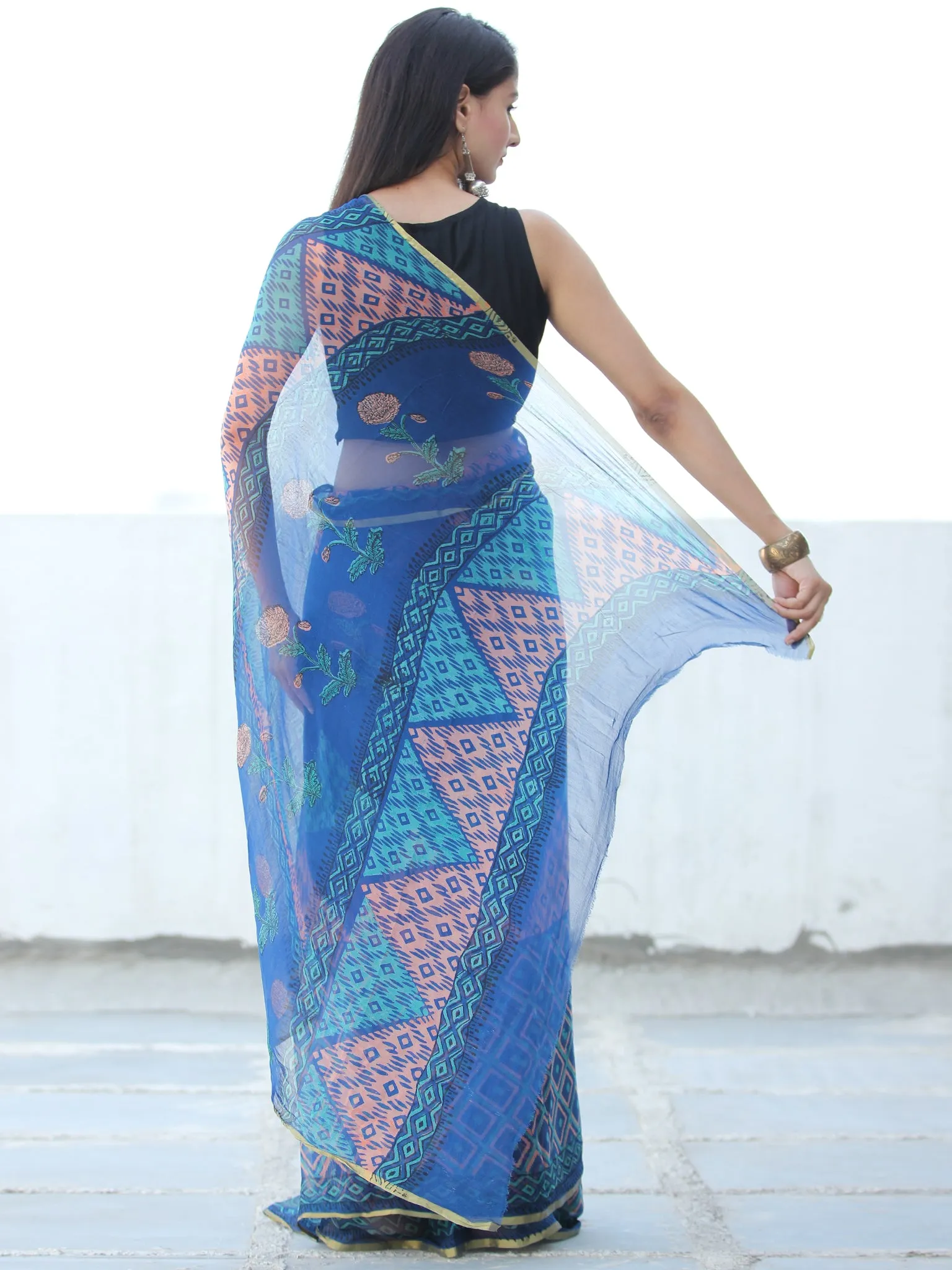 Blue Coral Coral Hand Block Printed Chiffon Saree with Zari Border - S031703936