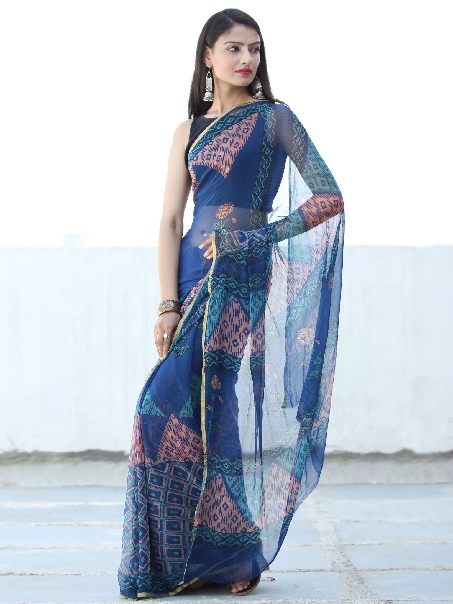 Blue Coral Coral Hand Block Printed Chiffon Saree with Zari Border - S031703936