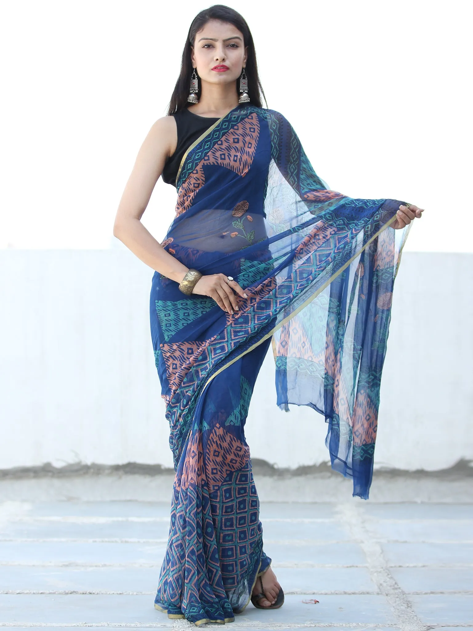 Blue Coral Coral Hand Block Printed Chiffon Saree with Zari Border - S031703936