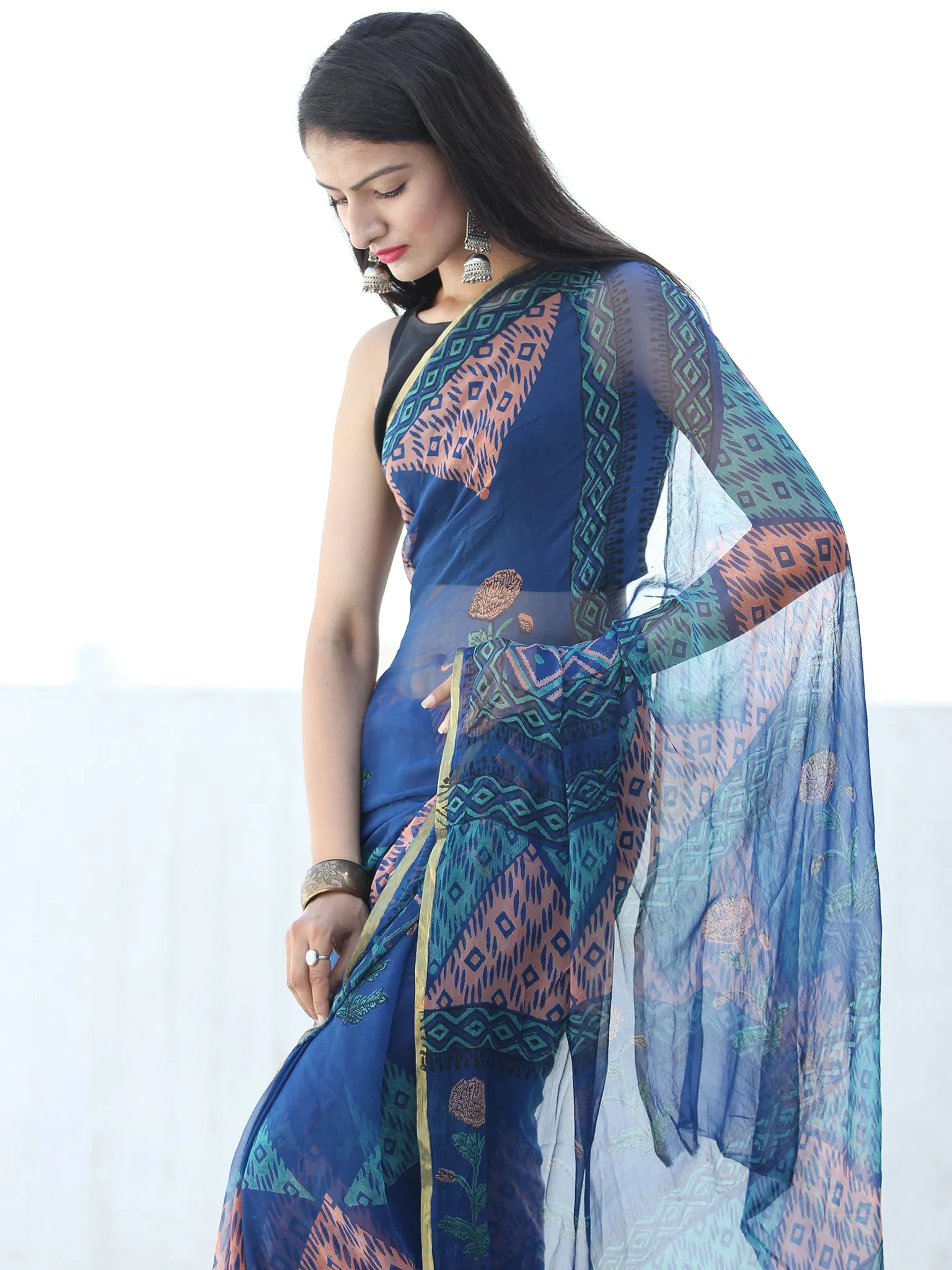 Blue Coral Coral Hand Block Printed Chiffon Saree with Zari Border - S031703936