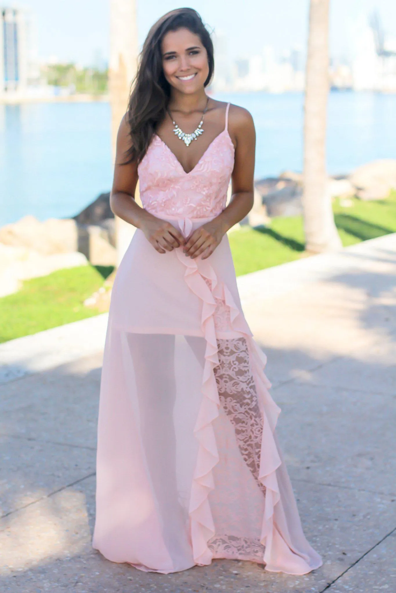 Blush Maxi Dress with Embroidered Top and Lace Detail