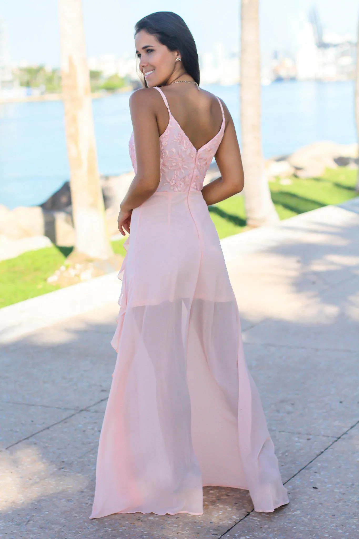 Blush Maxi Dress with Embroidered Top and Lace Detail