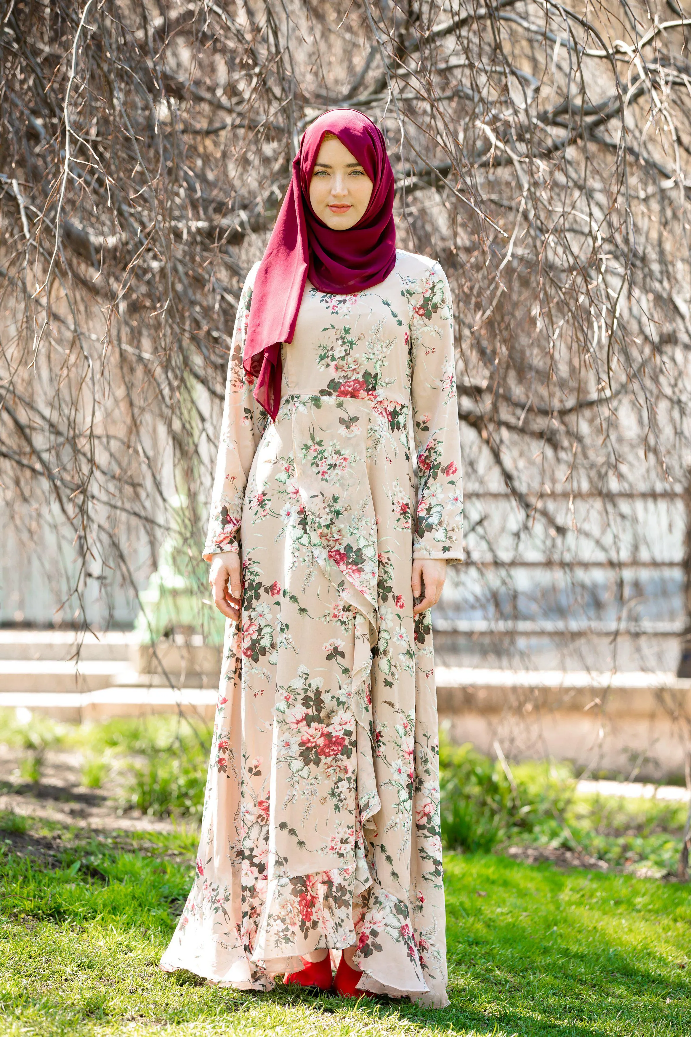 Blush Pink Ruffle Floral Maxi Dress With Sleeves-CLEARANCE