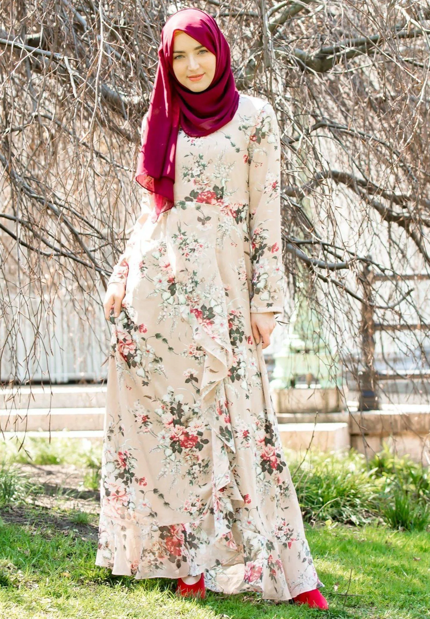 Blush Pink Ruffle Floral Maxi Dress With Sleeves-CLEARANCE