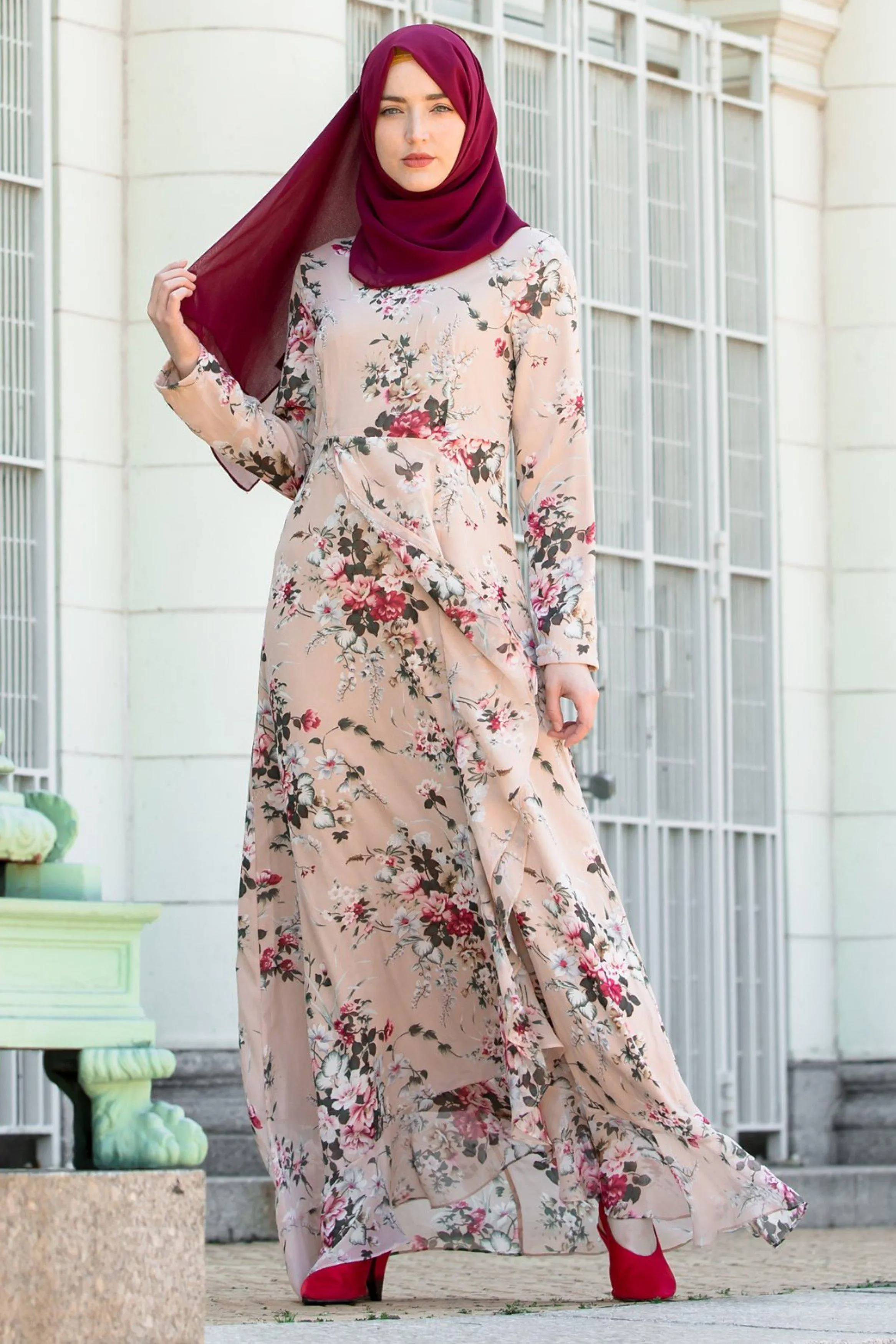 Blush Pink Ruffle Floral Maxi Dress With Sleeves-CLEARANCE