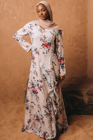 Blush Pink Ruffle Floral Maxi Dress With Sleeves-CLEARANCE