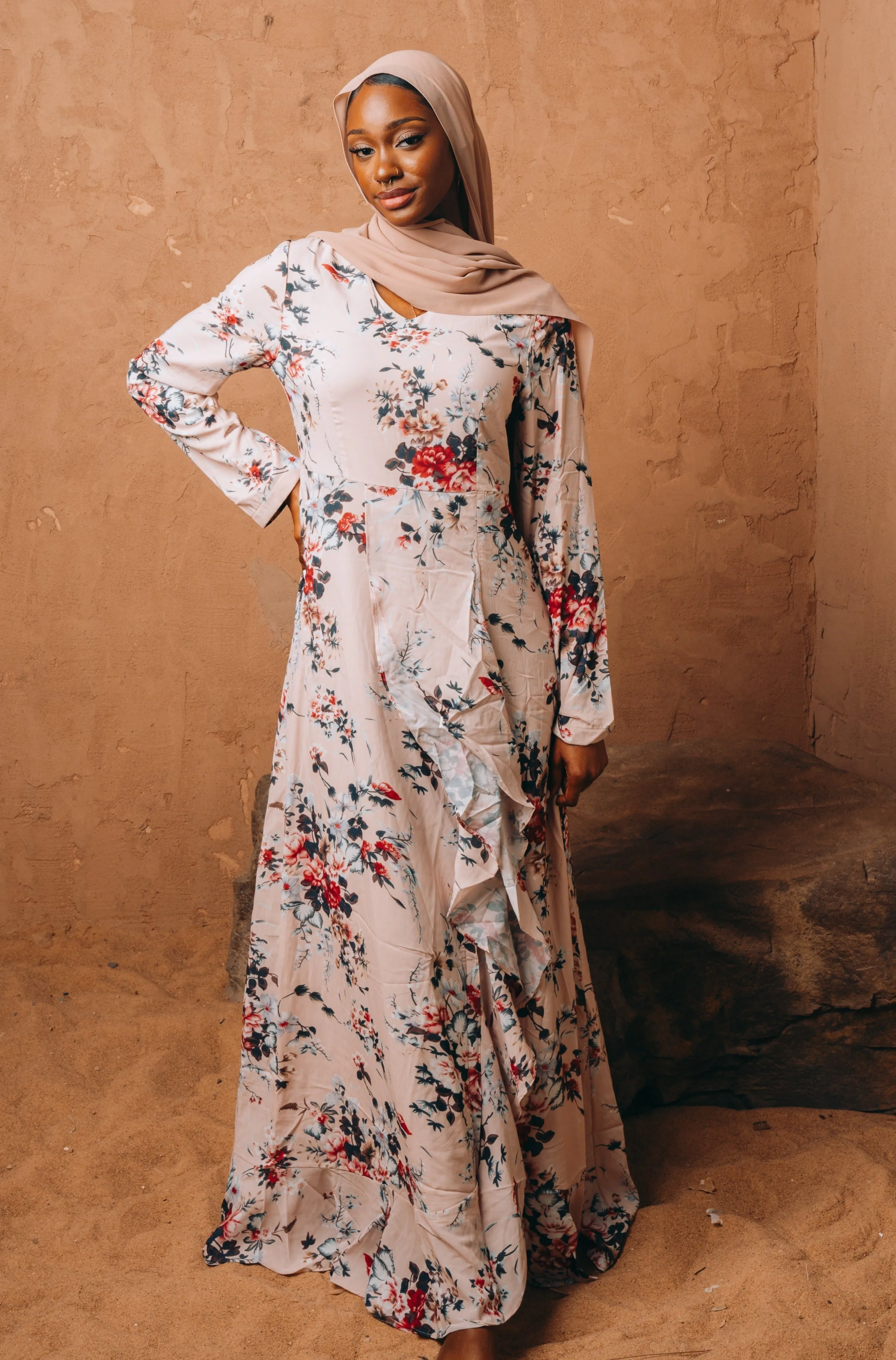 Blush Pink Ruffle Floral Maxi Dress With Sleeves-CLEARANCE