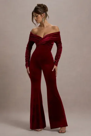 Borealis | Berry Velvet Long-Sleeved Bardot Jumpsuit