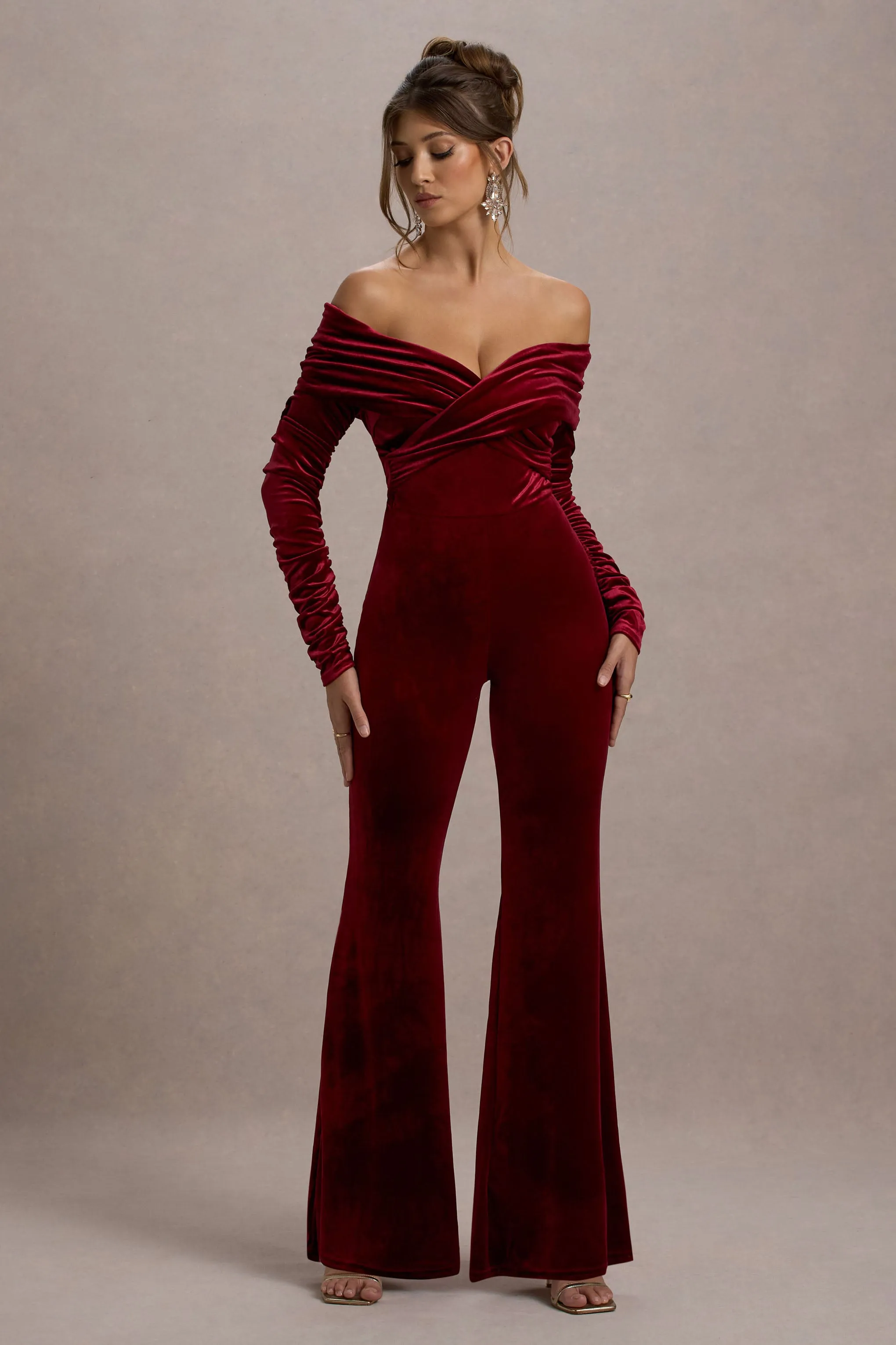 Borealis | Berry Velvet Long-Sleeved Bardot Jumpsuit