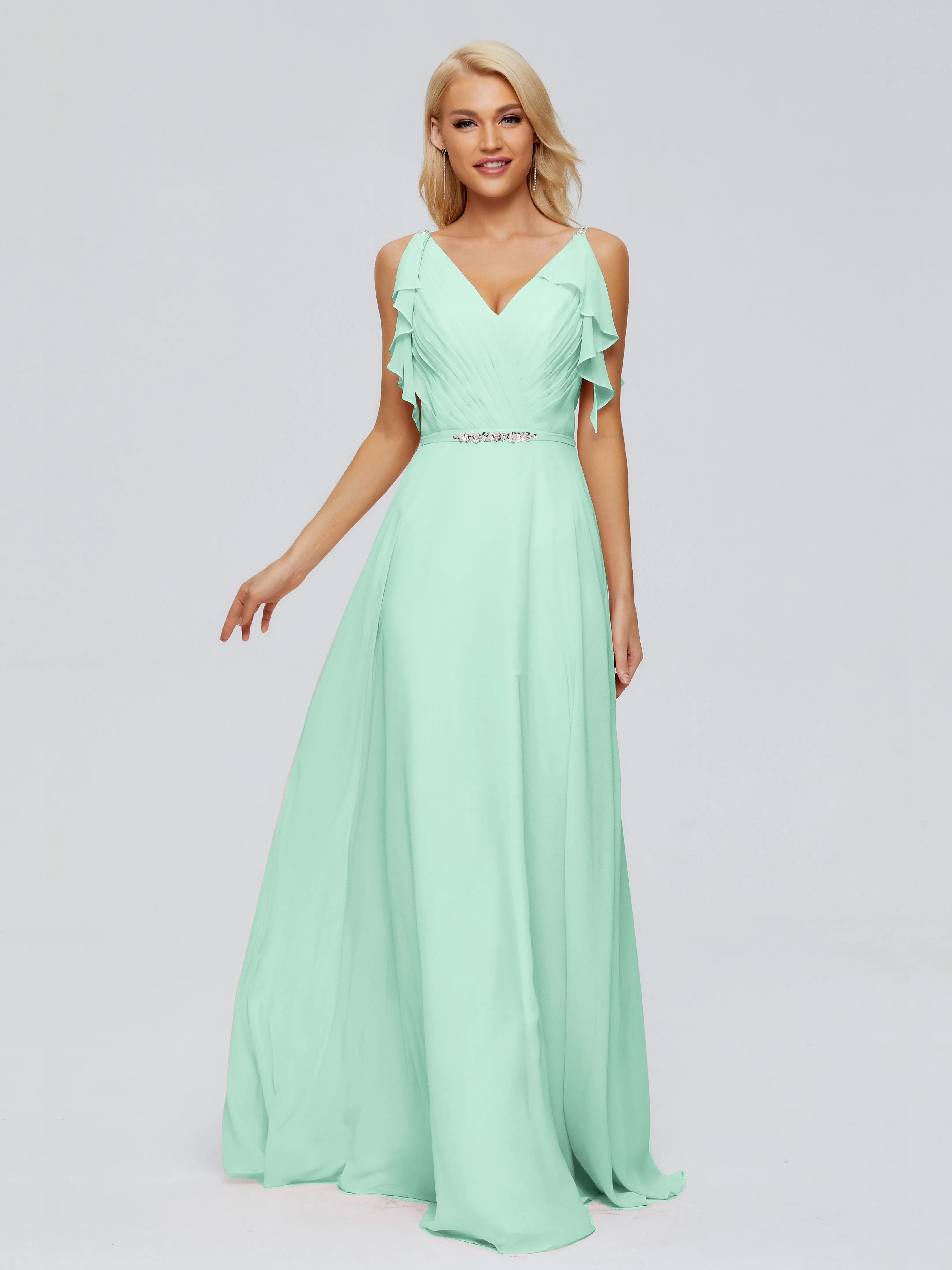 Brianna Ruffles Spaghetti Straps Unique Chiffon Bridesmaid Dresses