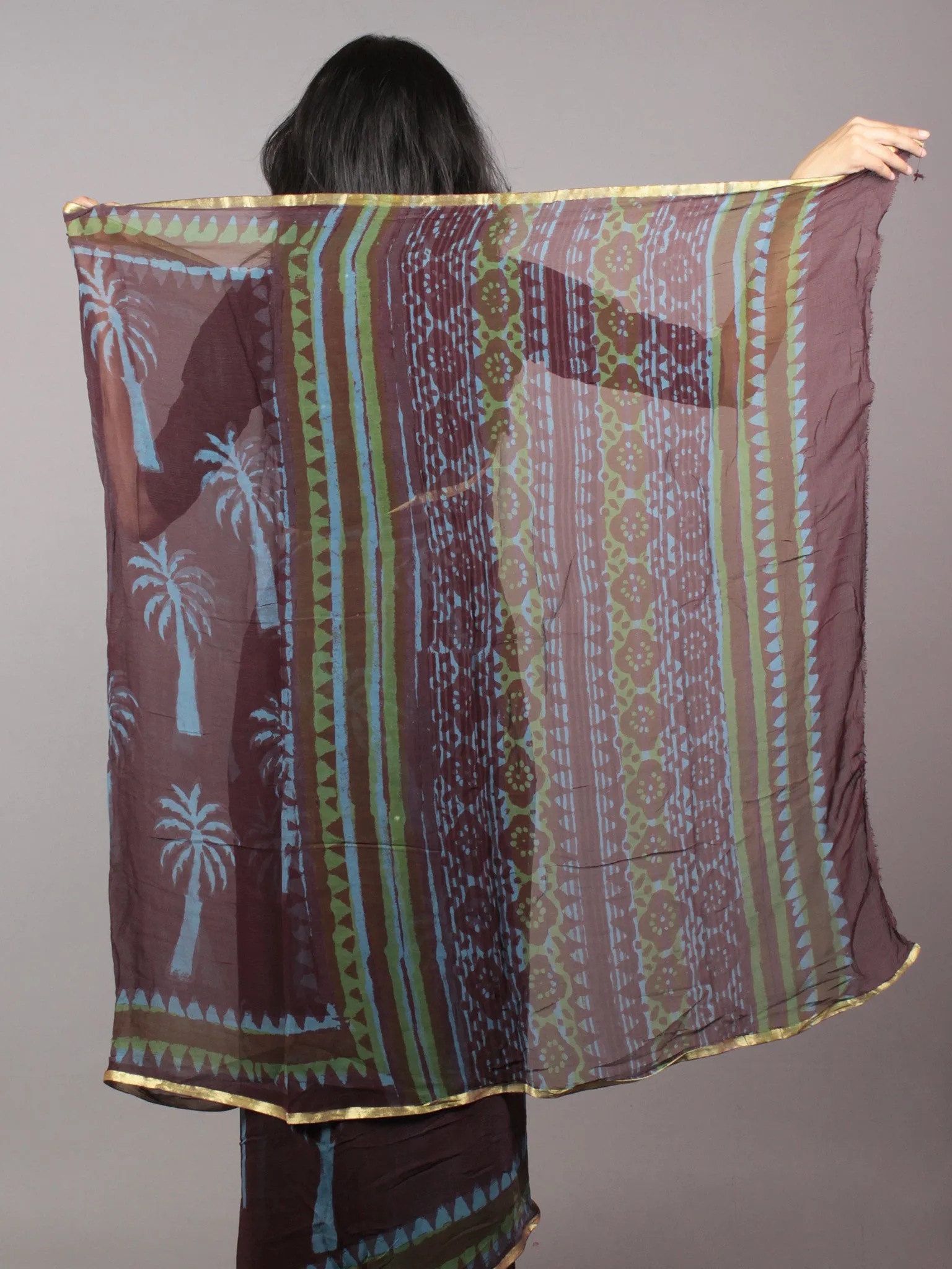 Brown Blue Hand Block Printed Chiffon Saree - S031701694