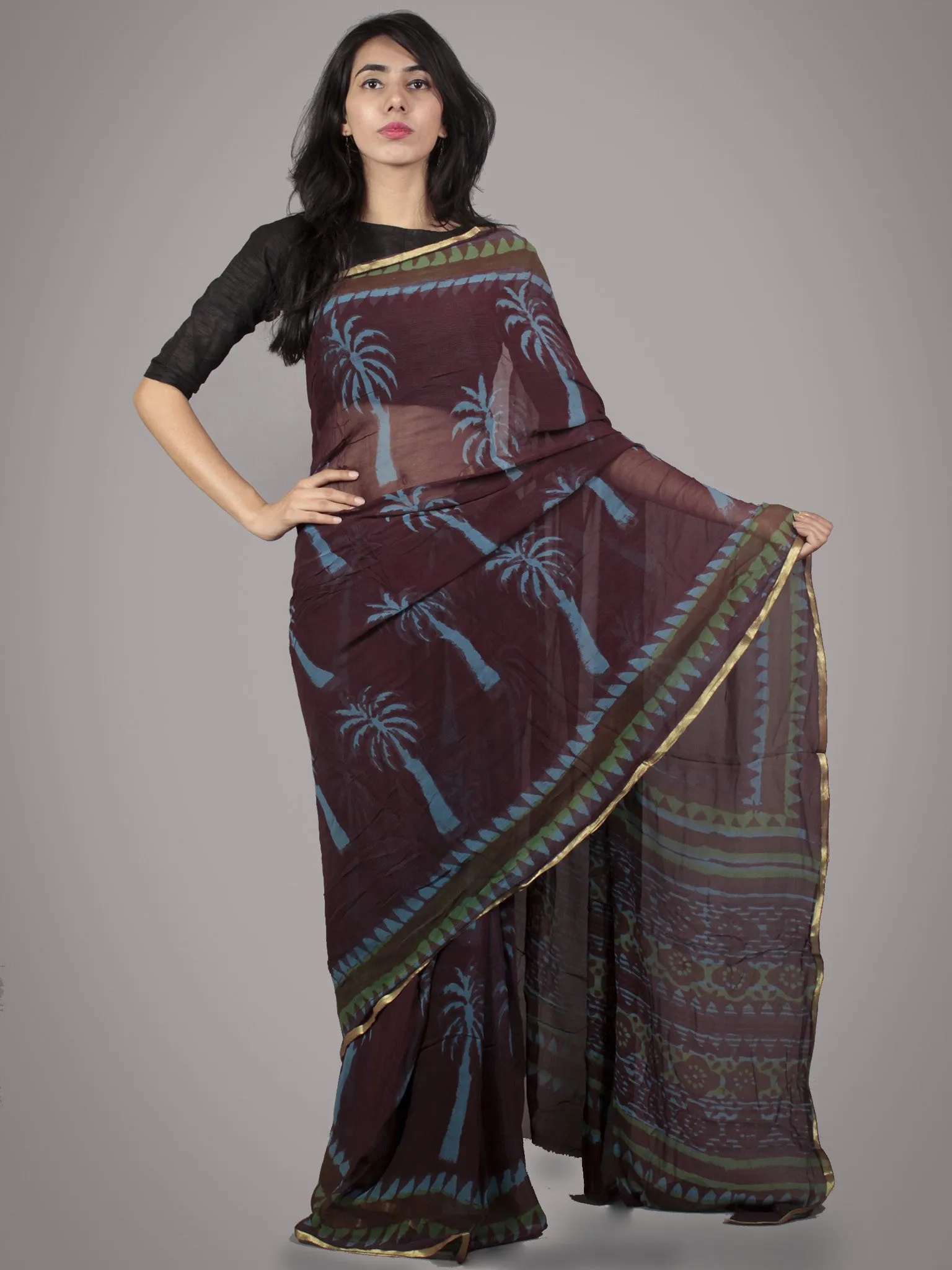 Brown Blue Hand Block Printed Chiffon Saree - S031701694